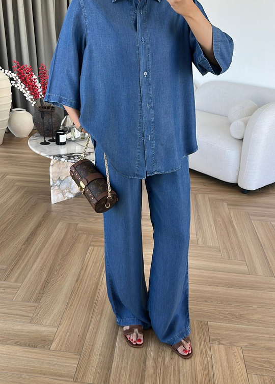 Eflina Yarım Kollu Denim Tensel Takım Koyu Mavi