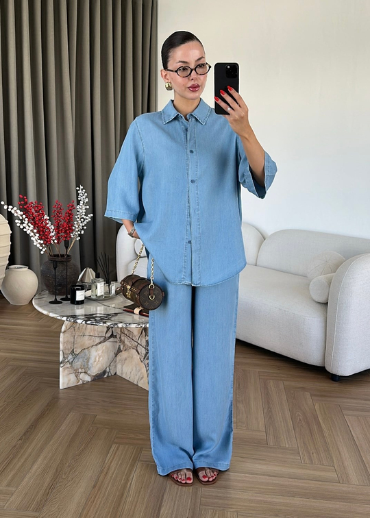 Eflina Yarım Kollu Denim Tensel Takım AÇIK MAVİ
