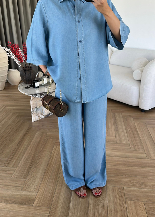 Eflina Yarım Kollu Denim Tensel Takım AÇIK MAVİ