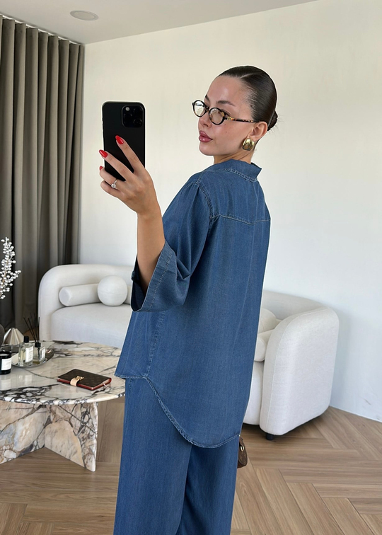 Eflina Yarım Kollu Denim Tensel Takım Koyu Mavi