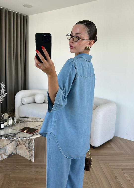 Eflina Yarım Kollu Denim Tensel Takım AÇIK MAVİ