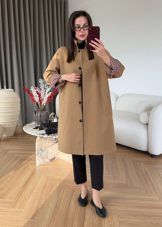 Ekose Astarlı Uzun Trençkot CAMEL