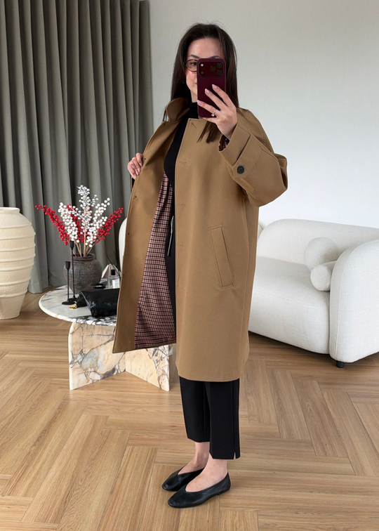 Ekose Astarlı Uzun Trençkot CAMEL