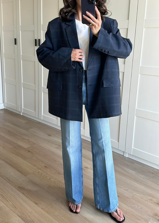 Ekoseli Oversize Ceket LACİVERT