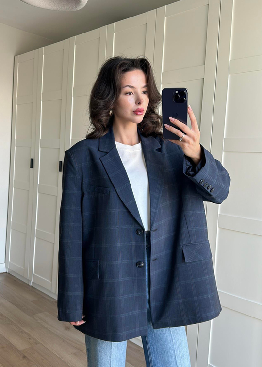 Ekoseli Oversize Ceket LACİVERT