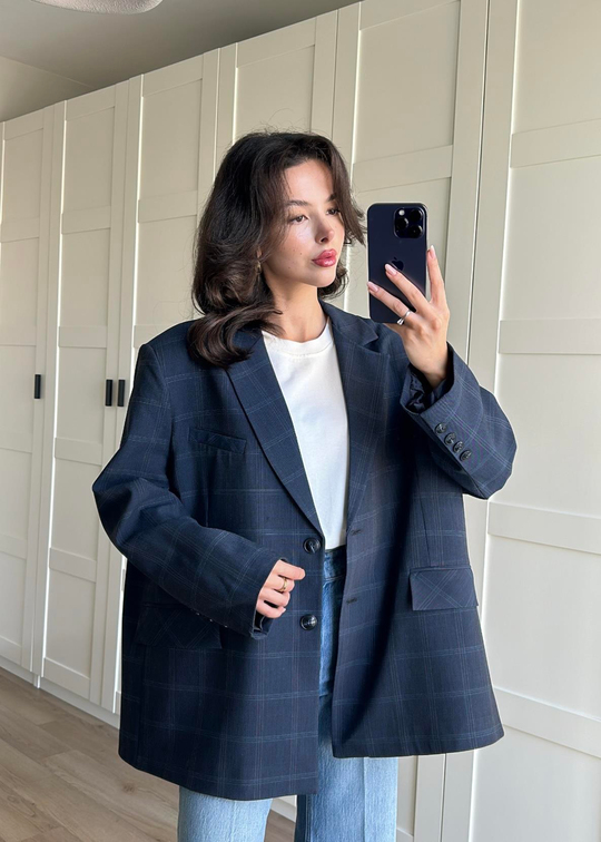 Ekoseli Oversize Ceket LACİVERT