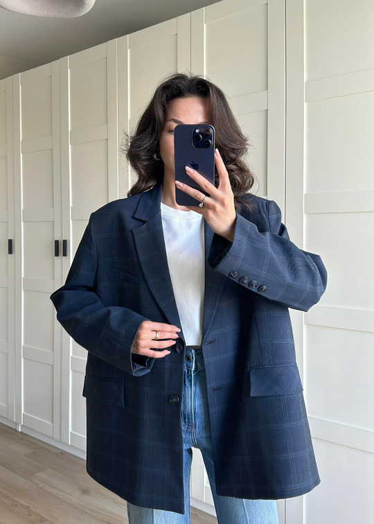Ekoseli Oversize Ceket LACİVERT
