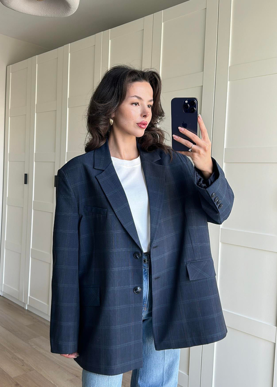 Ekoseli Oversize Ceket LACİVERT