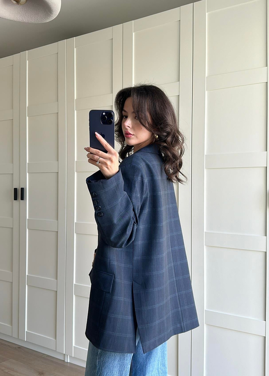 Ekoseli Oversize Ceket LACİVERT