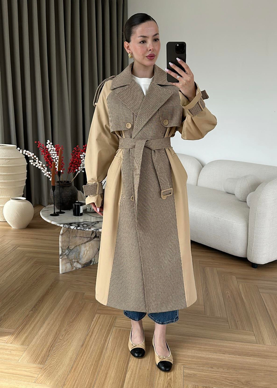 Ekoseli Reglan Trençkot CAMEL