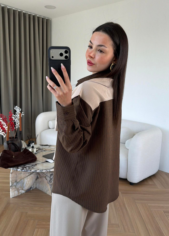Ena Çizgili Bağlamalı Gömlek ACI KAHVE