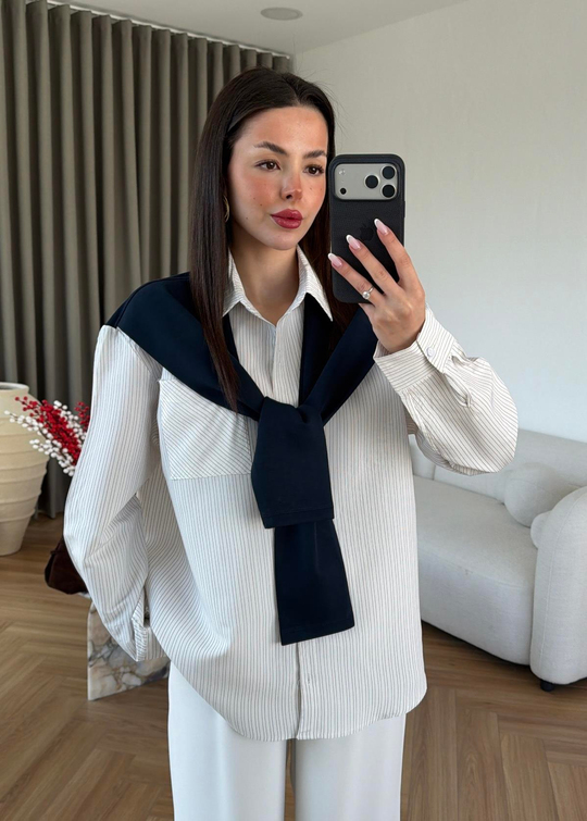 Ena Çizgili Bağlamalı Gömlek BEYAZ