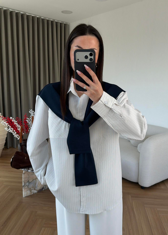 Ena Çizgili Bağlamalı Gömlek BEYAZ
