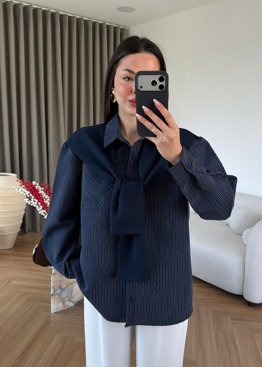 Ena Çizgili Bağlamalı Gömlek LACİVERT