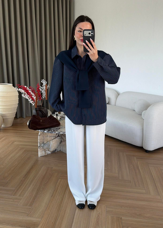Ena Çizgili Bağlamalı Gömlek LACİVERT
