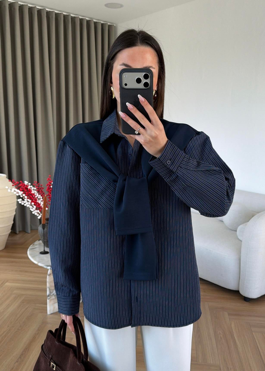 Ena Çizgili Bağlamalı Gömlek LACİVERT