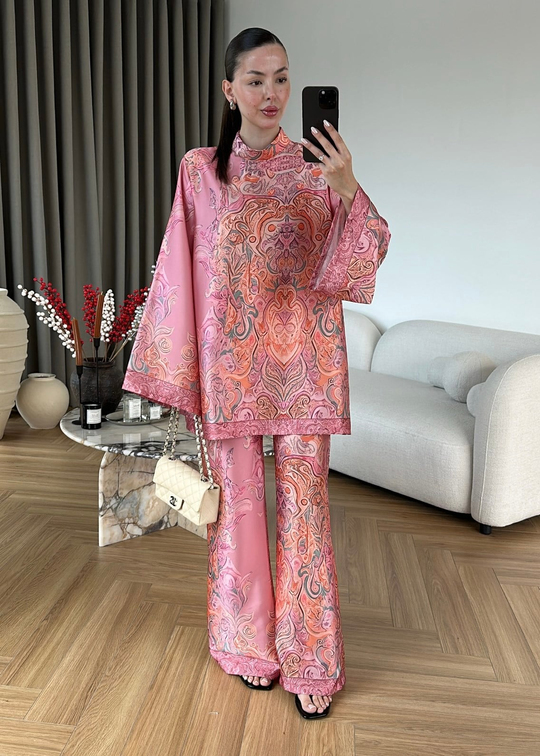 Etnik Desen Saten Takım PEMBE