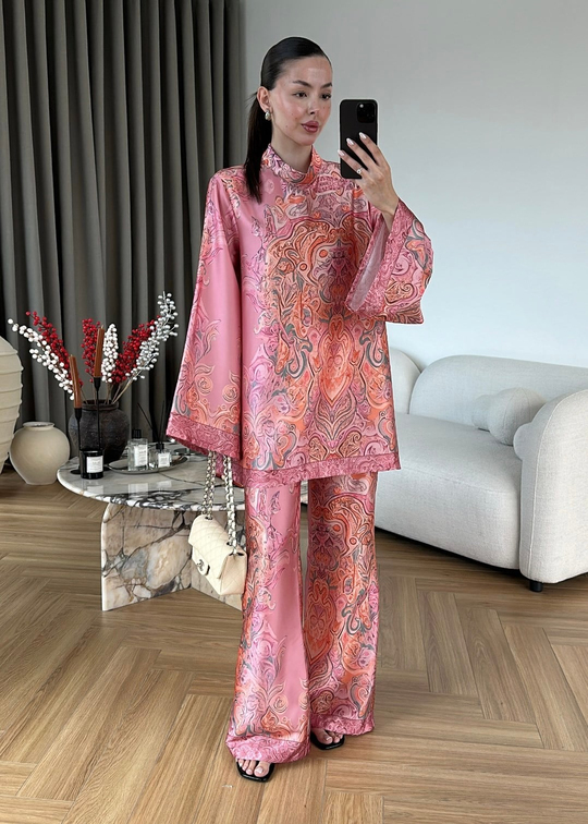 Etnik Desen Saten Takım PEMBE