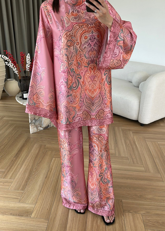 Etnik Desen Saten Takım PEMBE
