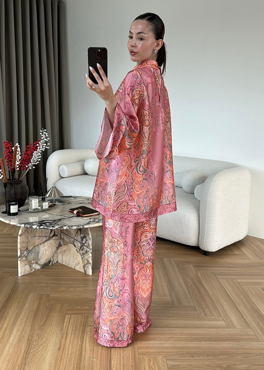 Etnik Desen Saten Takım PEMBE