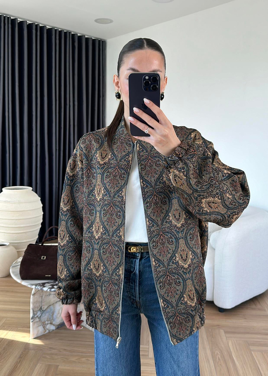 Etnik Desenli Bomber Ceket BEJ