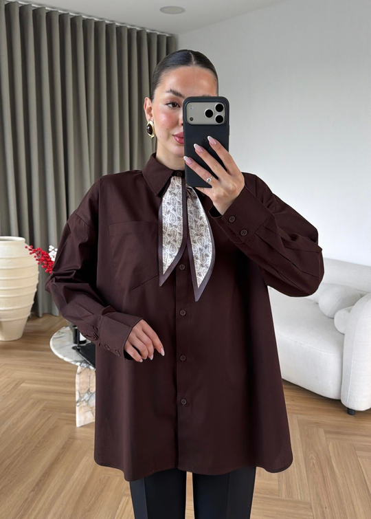 Etnik Fularlı Poplin Gömlek ACI KAHVE