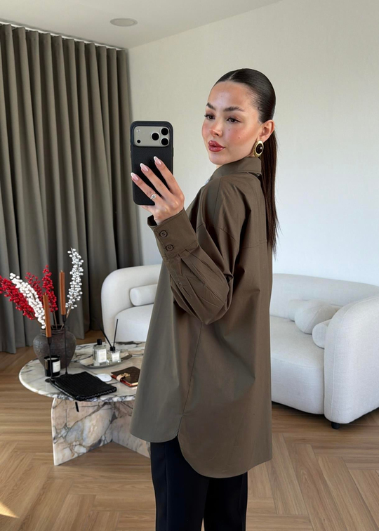 Etnik Fularlı Poplin Gömlek HAKİ