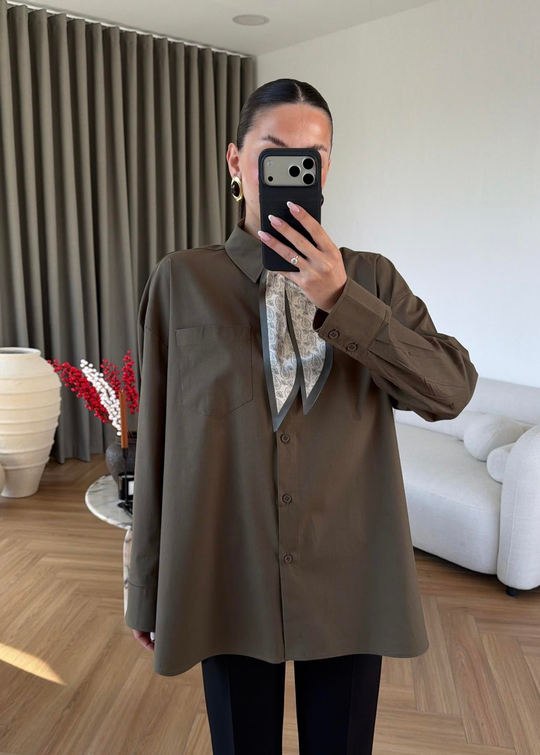 Etnik Fularlı Poplin Gömlek HAKİ