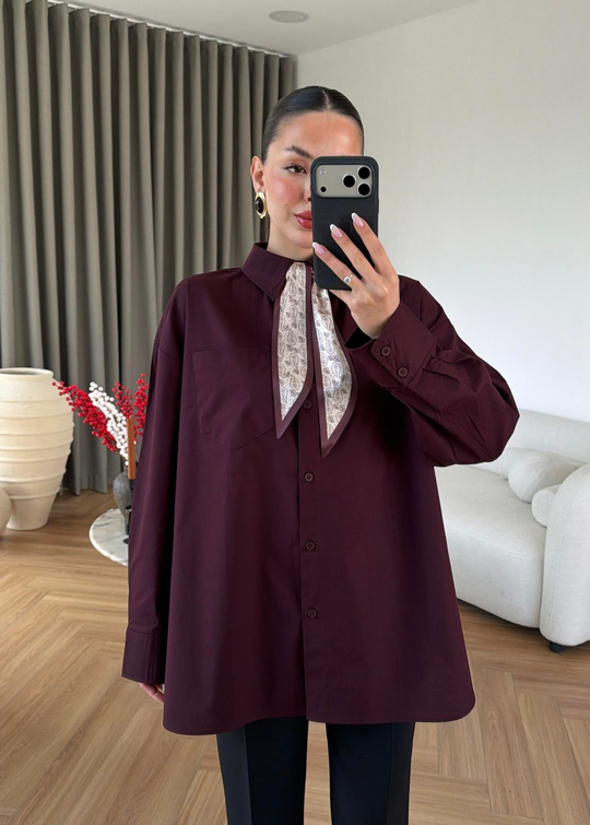 Etnik Fularlı Poplin Gömlek MÜRDÜM