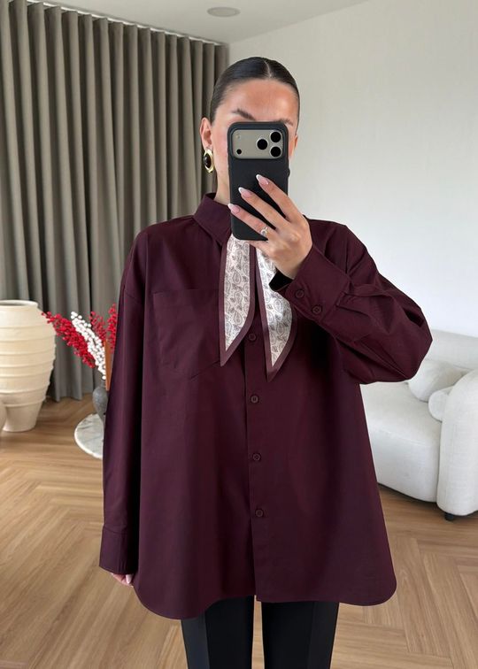 Etnik Fularlı Poplin Gömlek MÜRDÜM