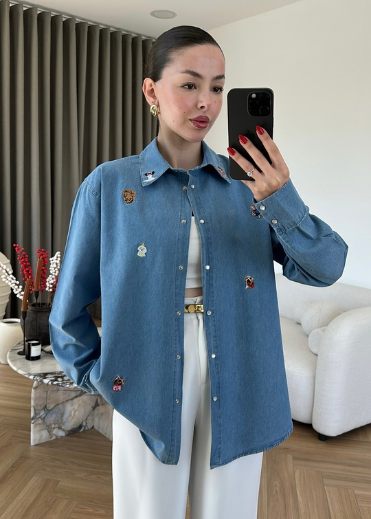 Figürlü Nakışlı Denim Gömlek MAVİ