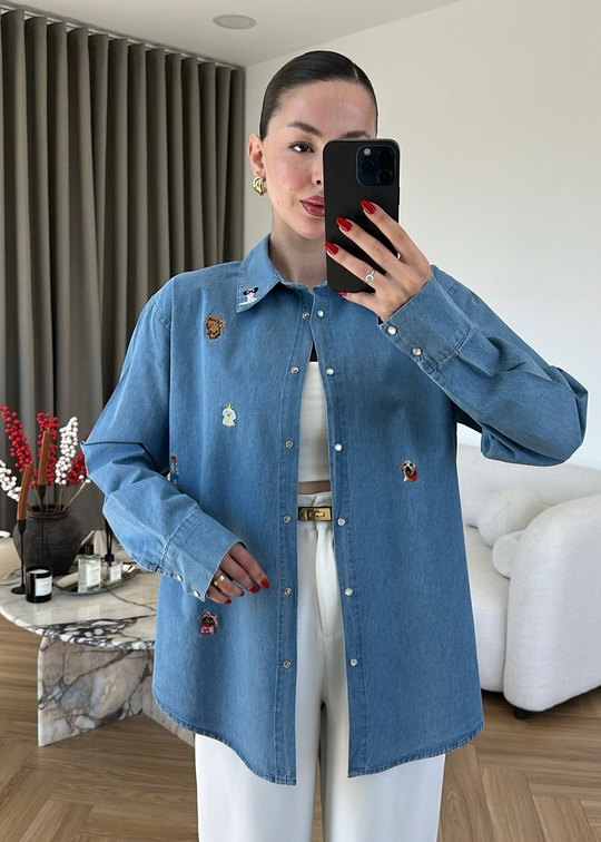 Figürlü Nakışlı Denim Gömlek MAVİ