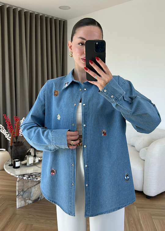 Figürlü Nakışlı Denim Gömlek MAVİ