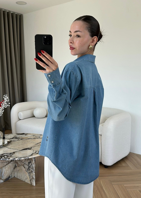 Figürlü Nakışlı Denim Gömlek MAVİ