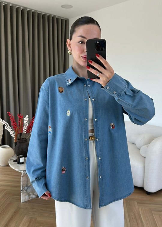 Figürlü Nakışlı Denim Gömlek MAVİ