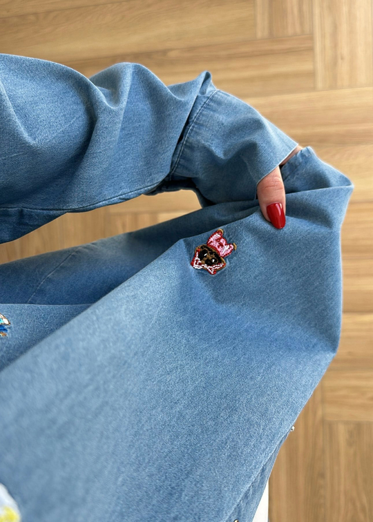 Figürlü Nakışlı Denim Gömlek MAVİ