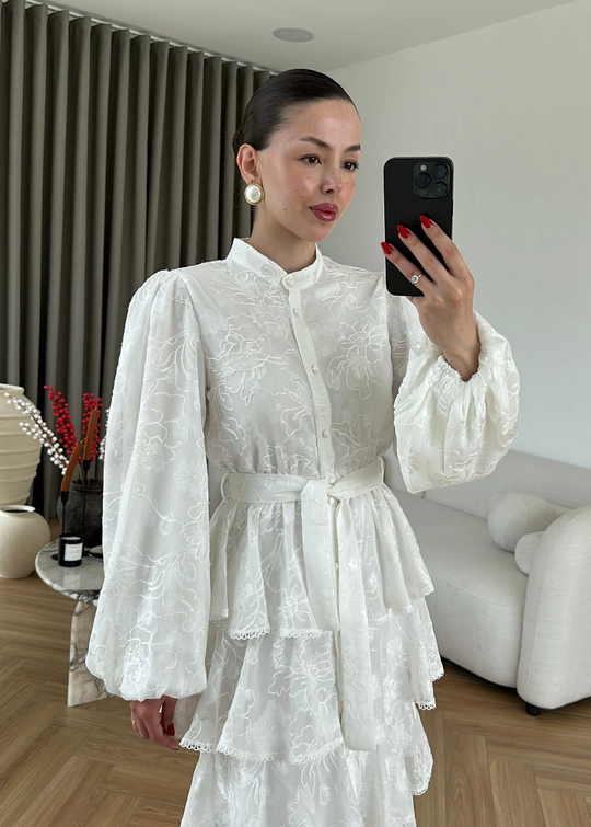 Fırfırlı Katlı Elbise BEYAZ