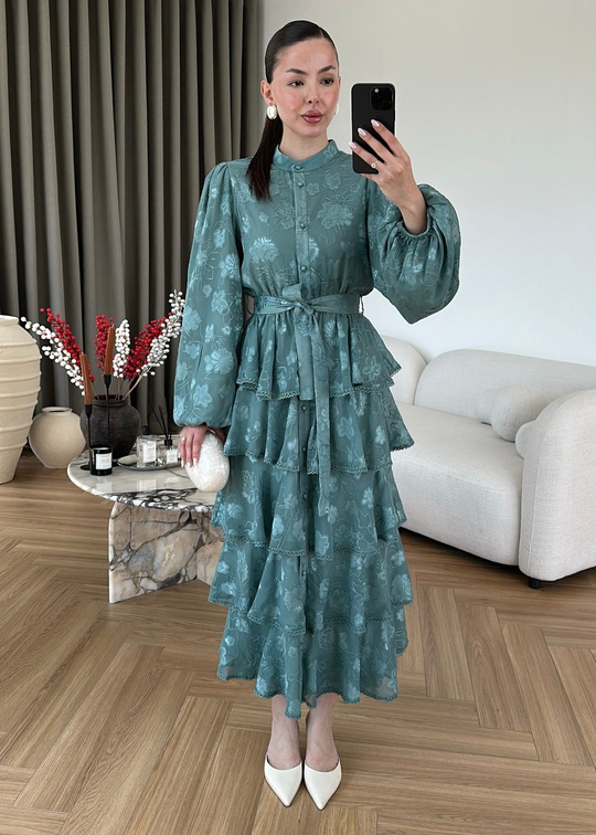 Fırfırlı Katlı Elbise MİNT YEŞİLİ