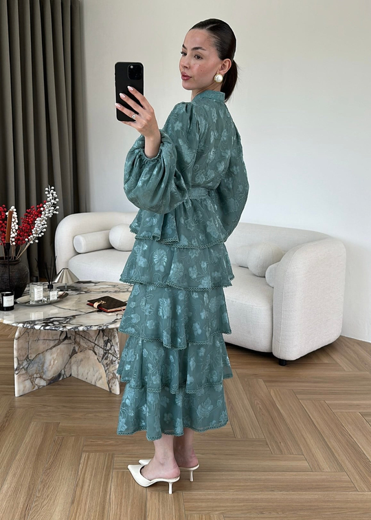Fırfırlı Katlı Elbise MİNT YEŞİLİ