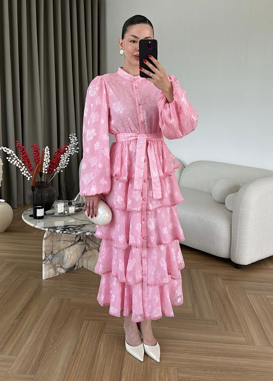 Fırfırlı Katlı Elbise PEMBE