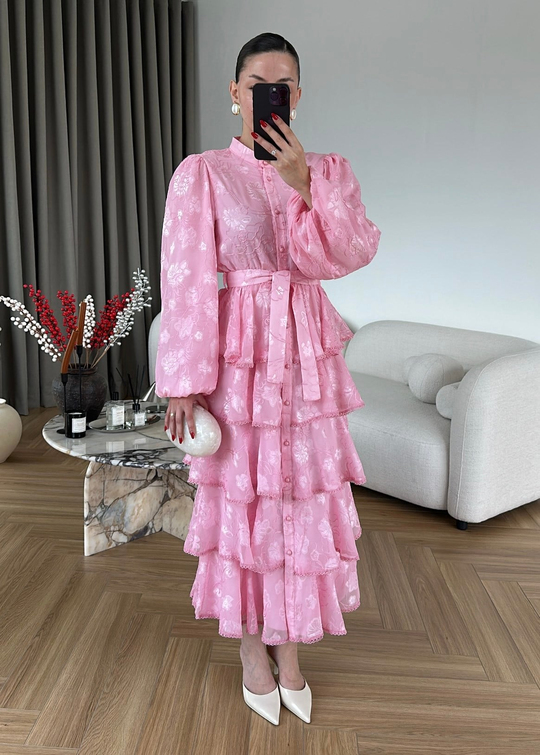 Fırfırlı Katlı Elbise PEMBE