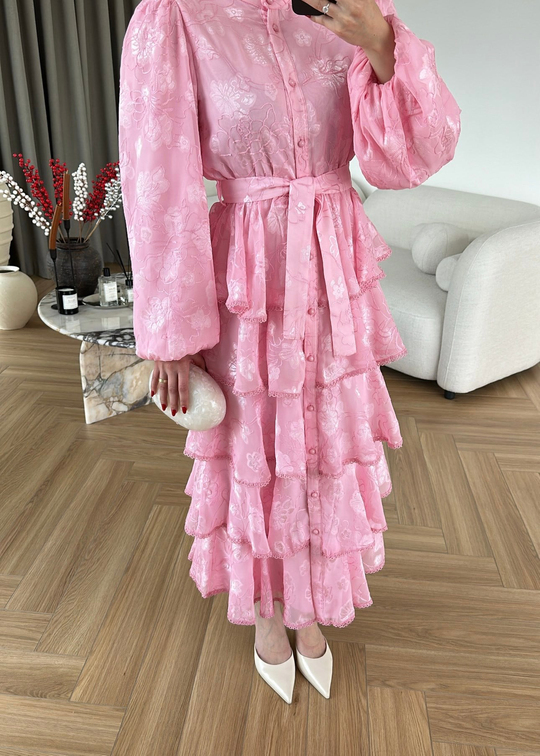 Fırfırlı Katlı Elbise PEMBE