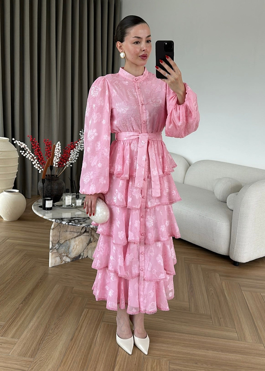 Fırfırlı Katlı Elbise PEMBE