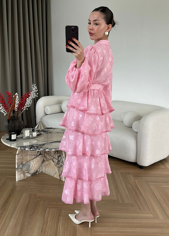Fırfırlı Katlı Elbise PEMBE