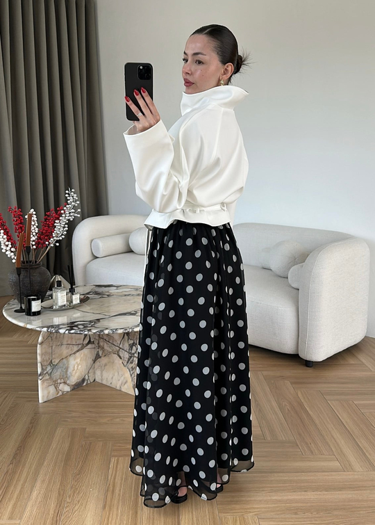 Flora Puantiyeli Şifon Etek SİYAH