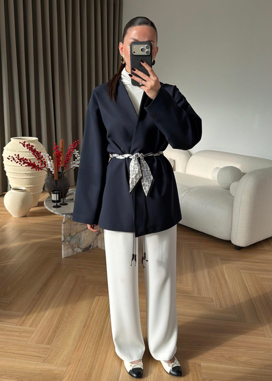 Fular Kemerli Blazer LACİVERT