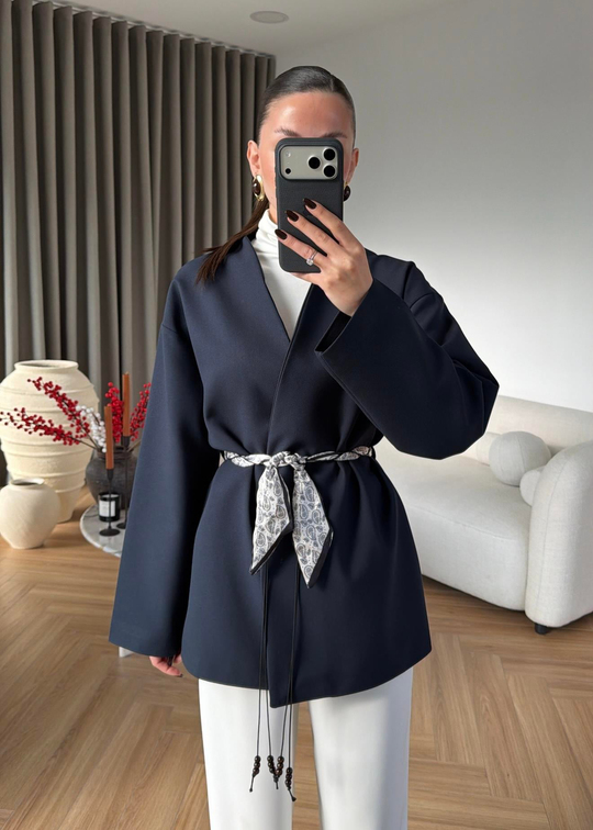 Fular Kemerli Blazer LACİVERT