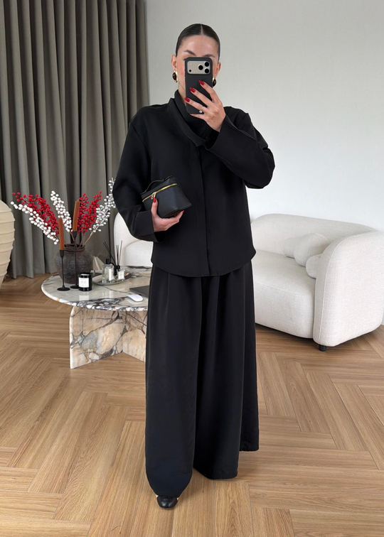 Geniş Paçalı Degaje Yakalı Takım SİYAH