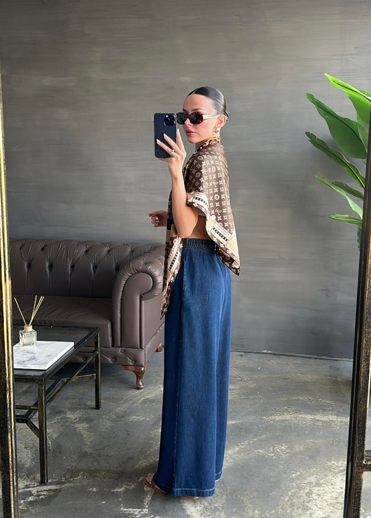 Geniş Paçalı Denim Pantolon Koyu Mavi