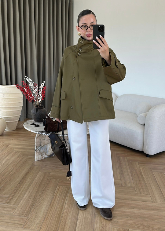 Geniş Yaka Parka Ceket YAĞ YEŞİLİ